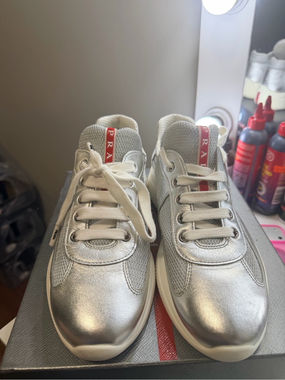 Prada Silver Metallic & White Kids Lace-Up Sneakers with Red Logo Tab